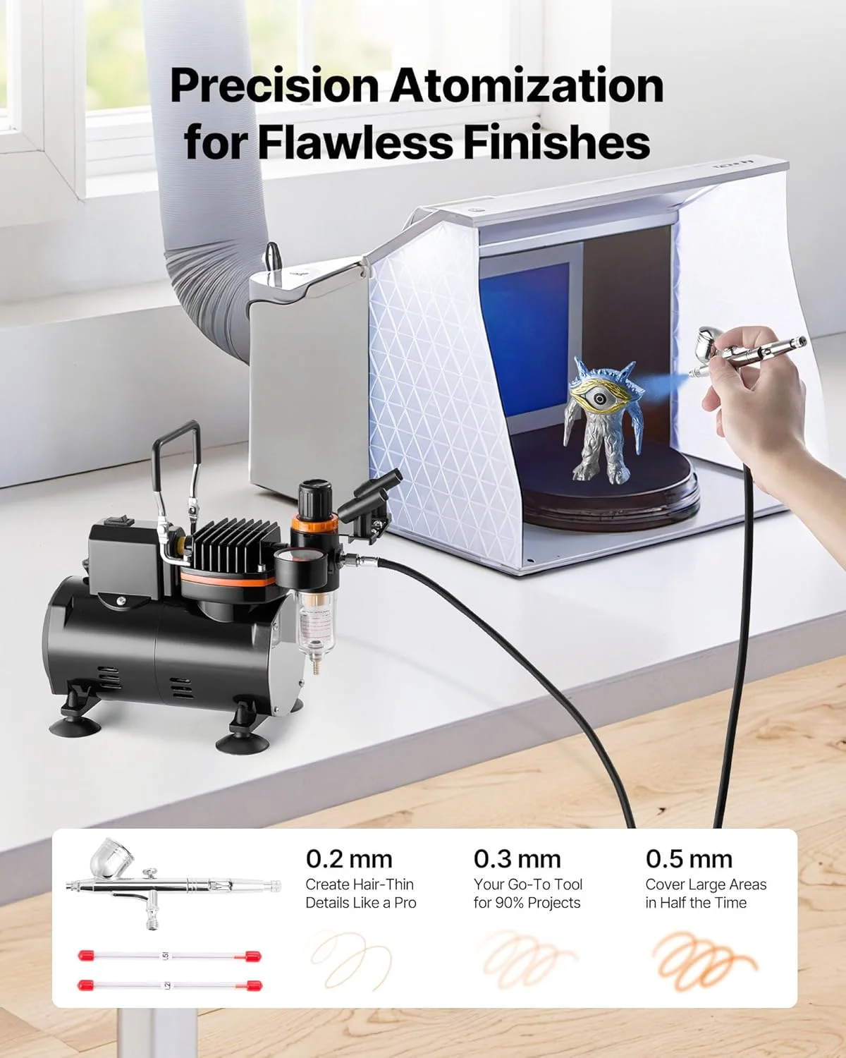 ست ایربراش VEVOR 1/6 HP با کمپرسور هوا و مخزن، 1 تفنگ ایربراش دوال اکشن با 3 نازل (0.2/0.3/0.5 میلی متر) و شلنگ و نگهدارنده و کیت تمیز کننده، برای تزئین کیک، نقاشی مدل، طراحی ناخن