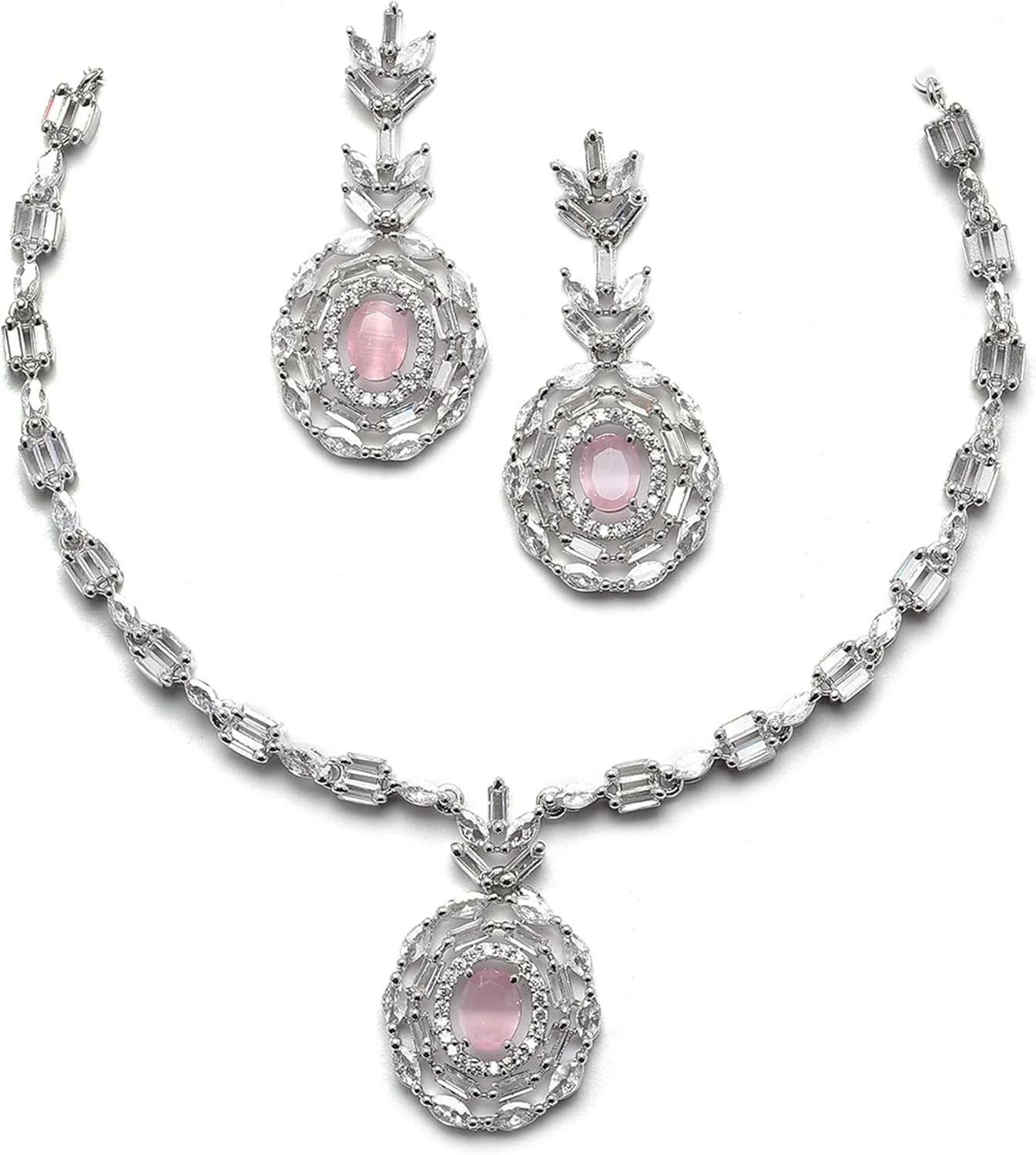 ست گردنبند و گوشواره زنانه طرح مربع و دایره نقره ای با روکش رودیوم و نگین های اتمی