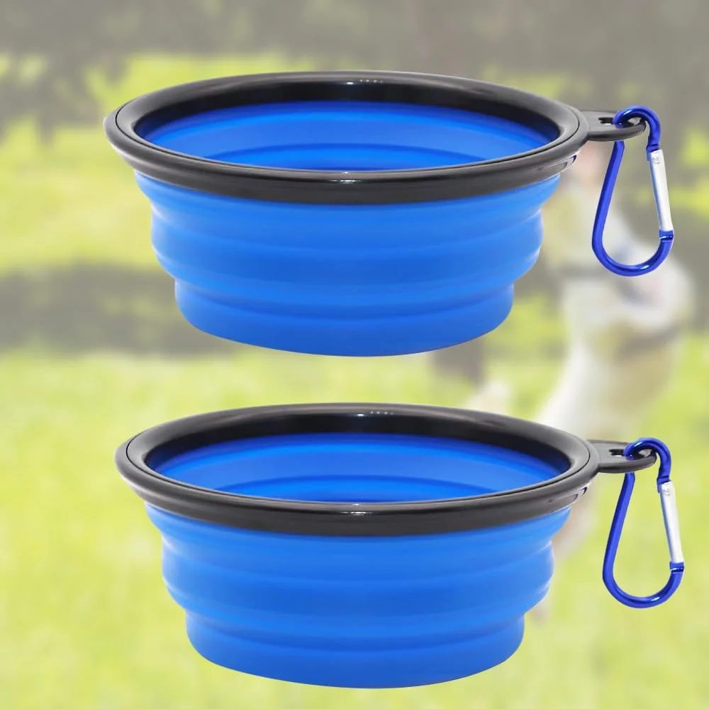 ست 2 عددی کاسه تاشو حیوانات خانگی - کاسه های مسافرتی قابل حمل سگ و گربه با کارابین (آبی 1)