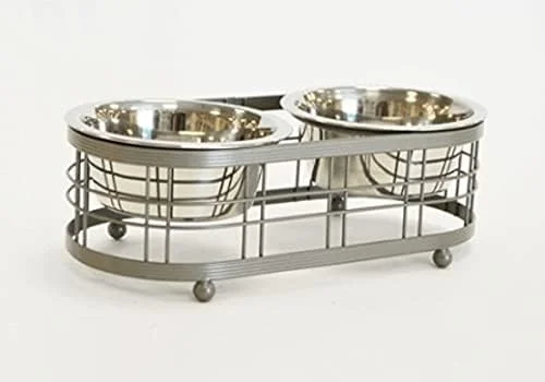 ظرف غذای دوتایی مرتفع بارکلی اند ایوانز، کاسه های استیل ضد زنگ جداشدنی روی پایه فلزی، ایستگاه تغذیه مرتفع برای سگ های کوچک، توله سگ ها، گربه ها و بچه گربه ها. شامپاین. 1 پینت. 16 اونس مایع