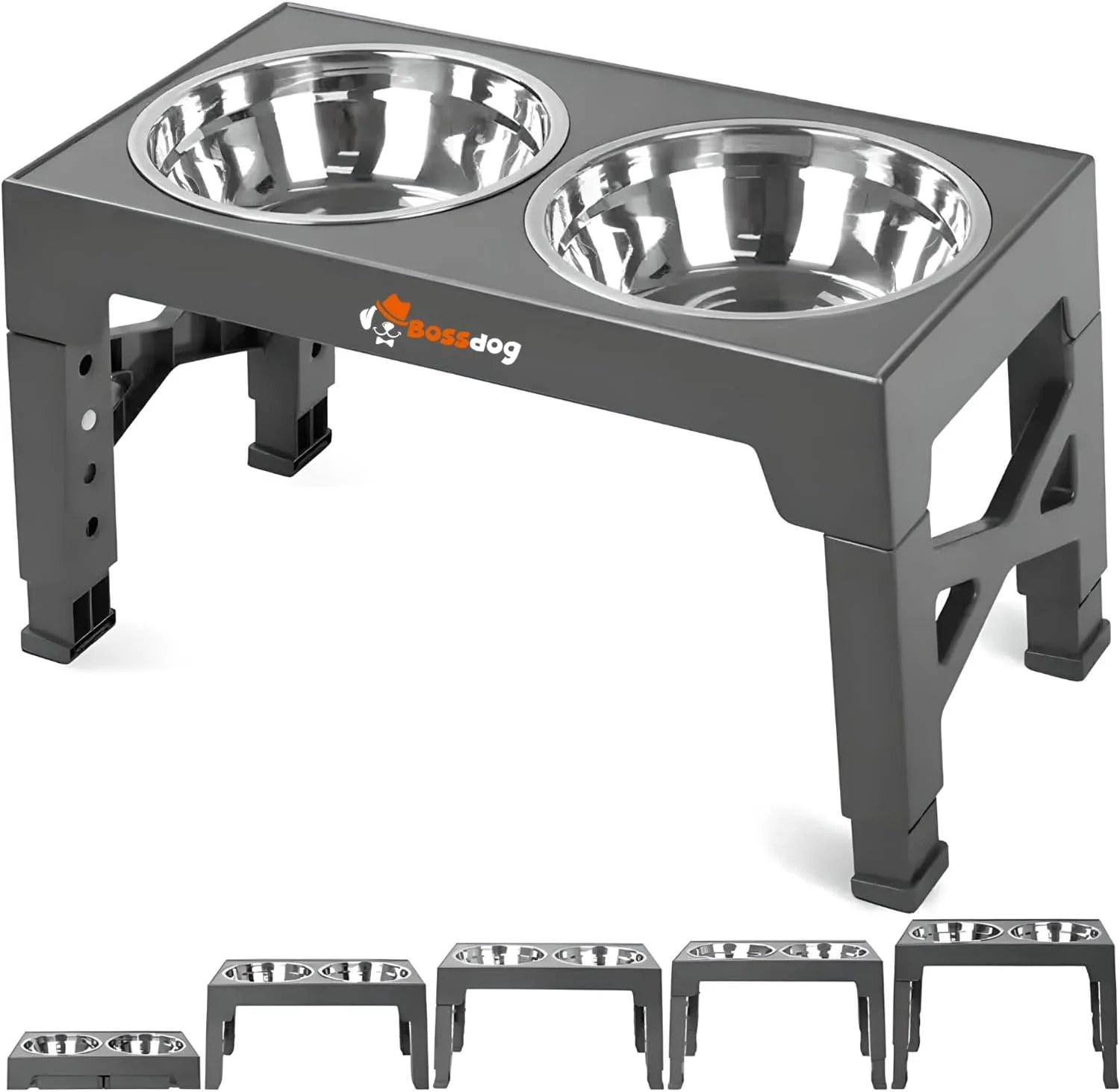 ظروف غذای سگ قابل تنظیم Bossdog با پایه | ایستگاه تغذیه سگ ممتاز با پایه کاسه سگ مرتفع با ارتفاع قابل تنظیم و طراحی ضد لغزش | دارای دو کاسه تغذیه سگ از جنس استنلس استیل (خاکستری)