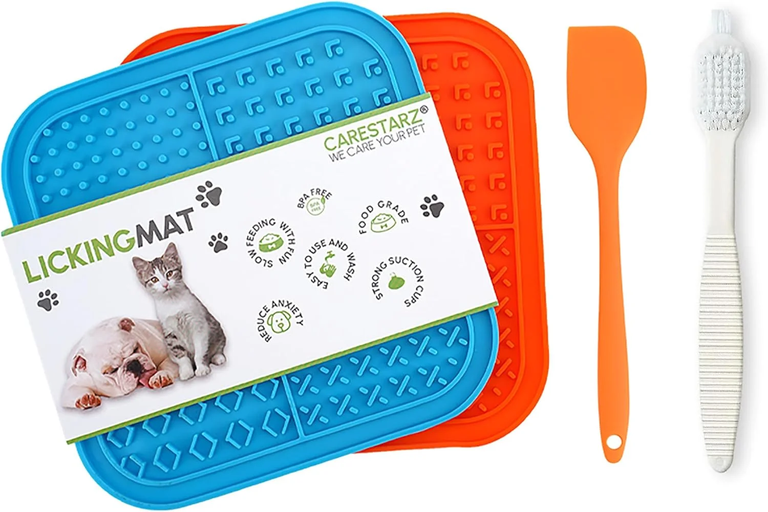 4 عدد پد لیسیدنی سگ با مکنده‌های قوی، کاهش اضطراب، کیفیت عالی، 2 ست پد لیسیدنی، کاردک و برس، کاسه غذای آهسته سگ، پد مناسب برای حمام کردن، آموزش و نظافت (آبی و نارنجی)