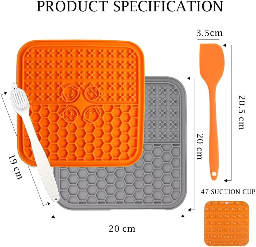 4 عدد پد لیسیدنی سگ با مکنده‌های قوی، تسکین اضطراب، کیفیت عالی، 2 ست پد لیسیدنی، کاردک و برس، کاسه غذای آهسته سگ، پد مناسب حمام، آموزش و نظافت (نارنجی و خاکستری)