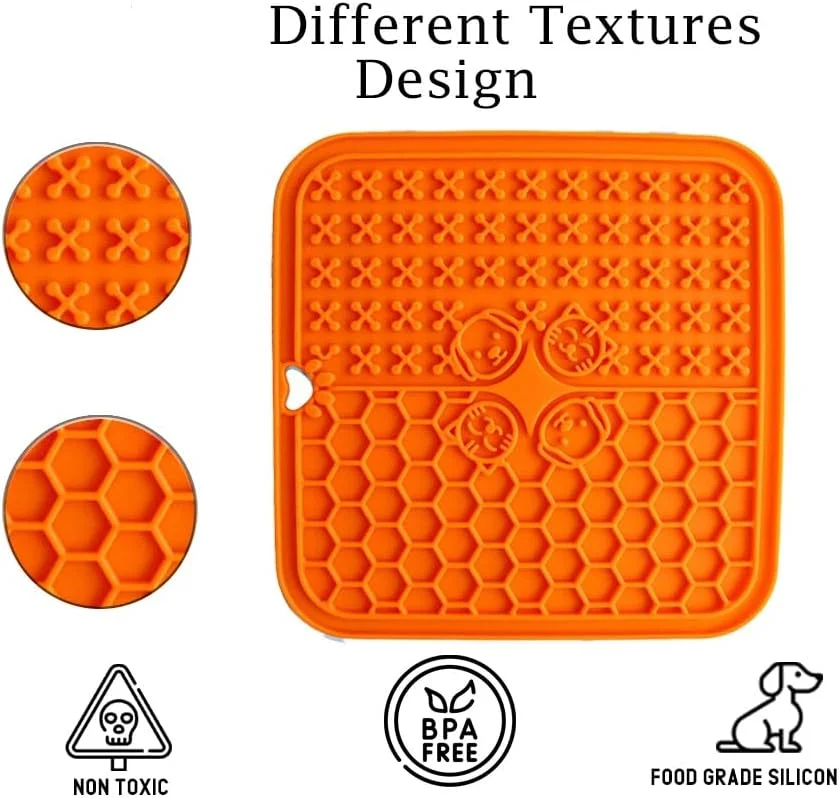 4 عدد پد لیسیدنی سگ با مکنده‌های قوی، تسکین اضطراب، کیفیت عالی، 2 ست پد لیسیدنی، کاردک و برس، کاسه غذای آهسته سگ، پد مناسب حمام، آموزش و نظافت (نارنجی و خاکستری)