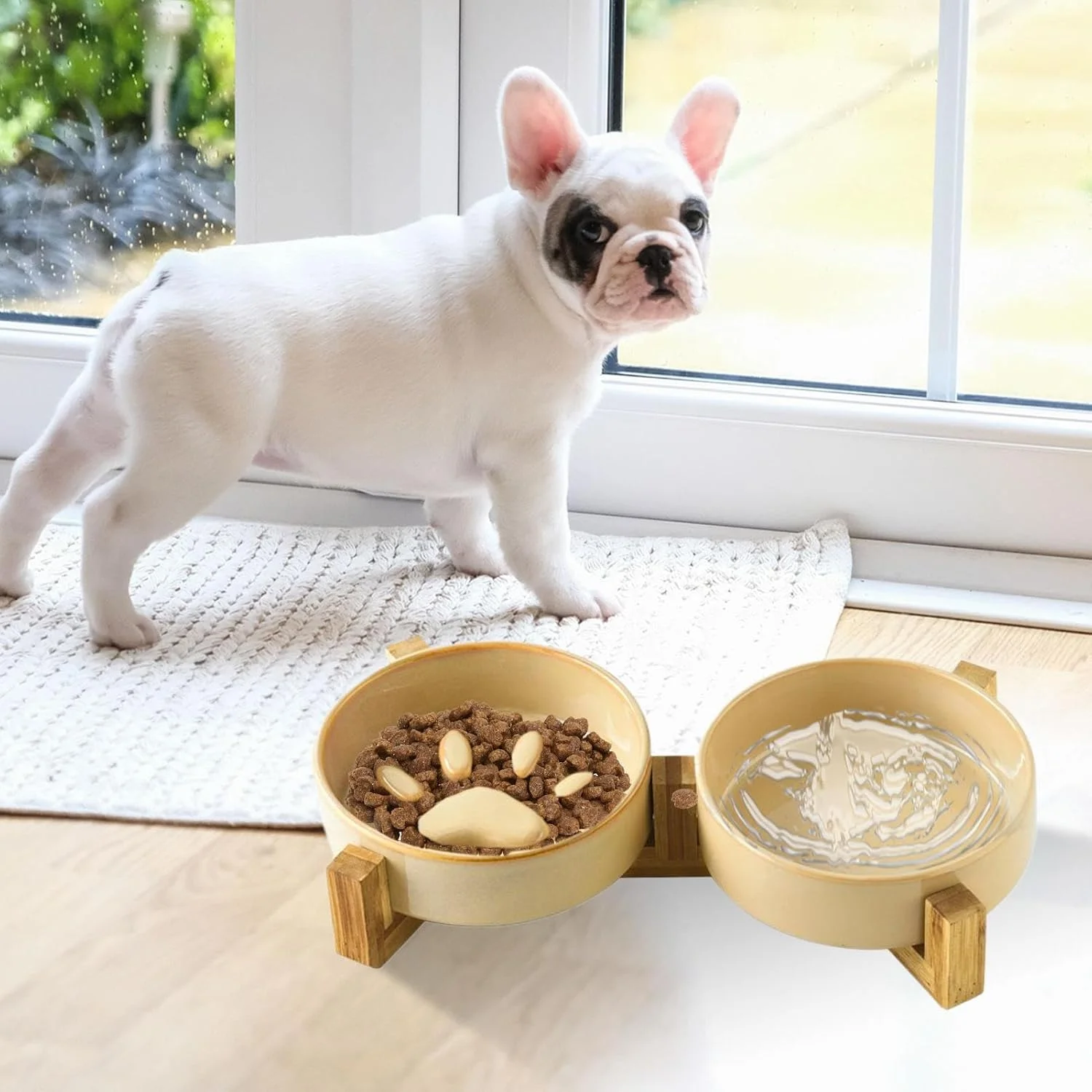 ظرف غذای سگ، ظرف سرامیکی ضد لغزش با طرح پنجه به همراه پایه - لوازم غذاخوری و آبخوری برای استفاده در خانه، فضای باز، حیاط، باغ و کمپینگ