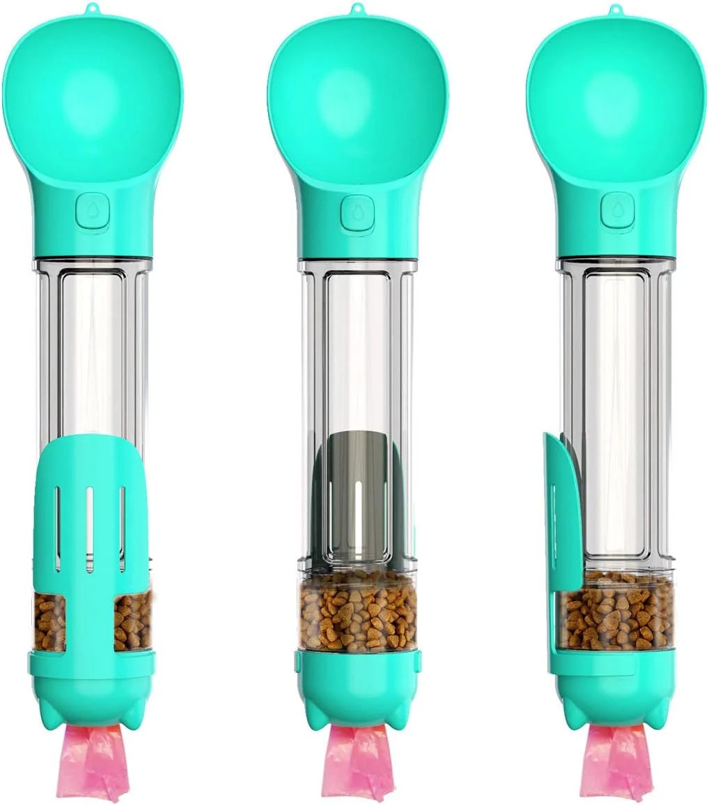 بطری آب سگ با محفظه غذا، ظرف غذای حیوانات خانگی 4 در 1، پخش کننده غذای حیوانات خانگی قابل حمل، قفل ضد نشت، بطری آب سگ و گربه برای نوشیدن، غذا دادن، مسافرت، پیاده روی و کوهنوردی