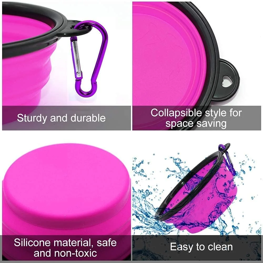 ظرف تاشو سگ maogear، بسته 2 عددی ظرف آب تاشو سگ برای گربه ها و سگ ها، ظرف غذا و آب قابل حمل حیوانات خانگی برای پیاده روی، توقف، مسافرت با 2 عدد کارابین (آبی+بنفش)