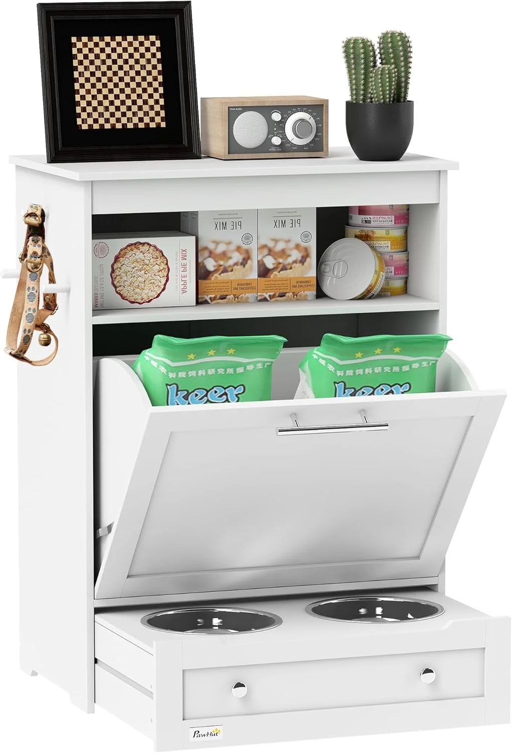 ایستگاه غذای سگ PawHut با فضای ذخیره سازی، کابینت ظرف غذای حیوانات خانگی با کاسه های مرتفع و آویز برای لوازم غذا و آب، سازمان دهنده غذای سگ، سفید
