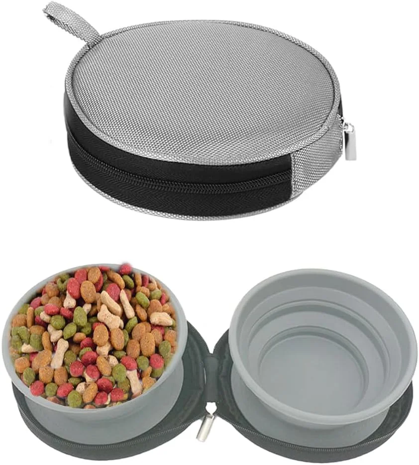 ظرف غذای تاشو دوتایی سگ، ظرف تاشو 2 در 1 با کیف مسافرتی، ظرف سگ قابل حمل سیلیکونی با کیفیت غذایی، ظروف مسافرتی سگ برای غذا و آب حیوانات خانگی، برای سگ های کوچک و بزرگ در حال حرکت