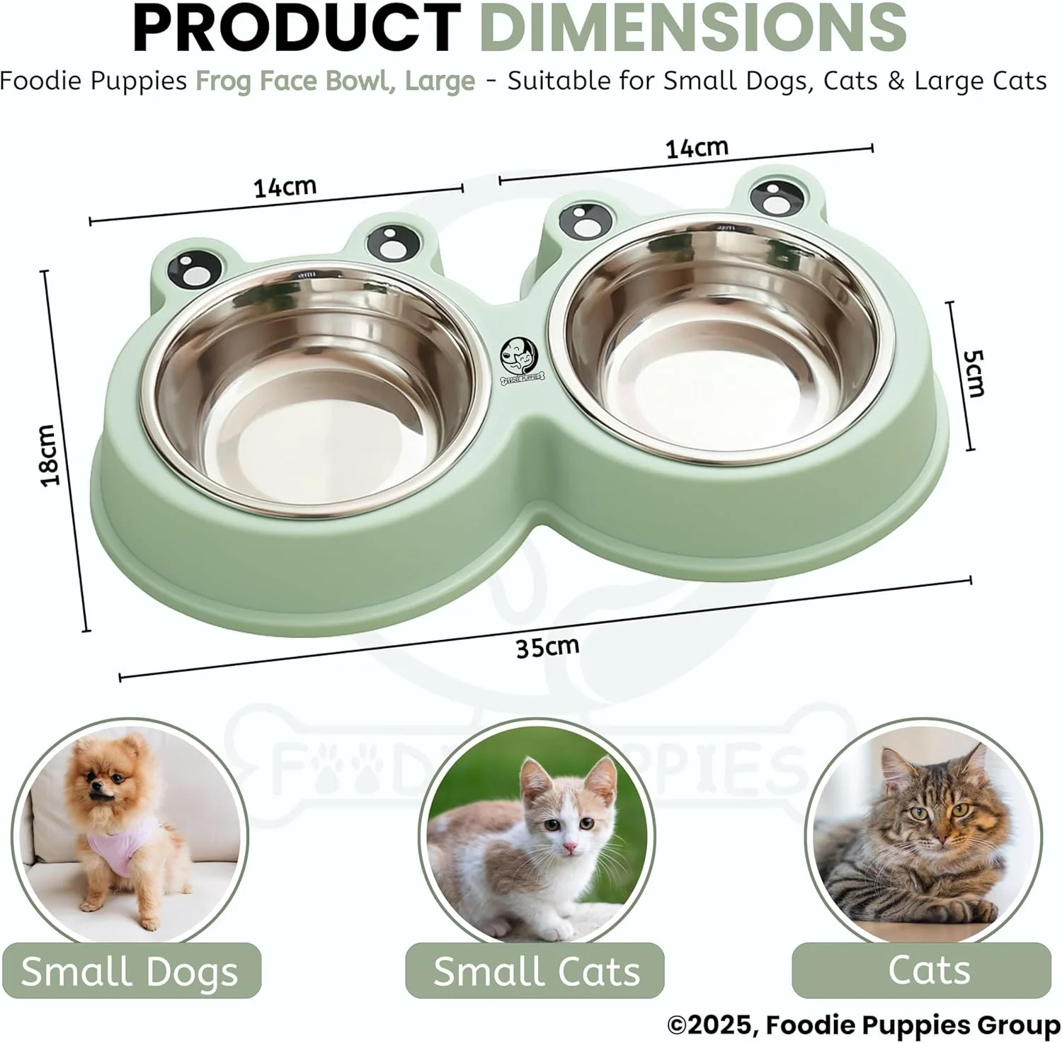 ظرف دوتایی استیل ضد زنگ ممتاز طرح قورباغه Foodie Puppies (بزرگ) برای سگ و گربه | لوازم غذا و آب، ظرف غذای خشک و مرطوب، ضد لغزش، غیر سمی 800 میلی لیتر