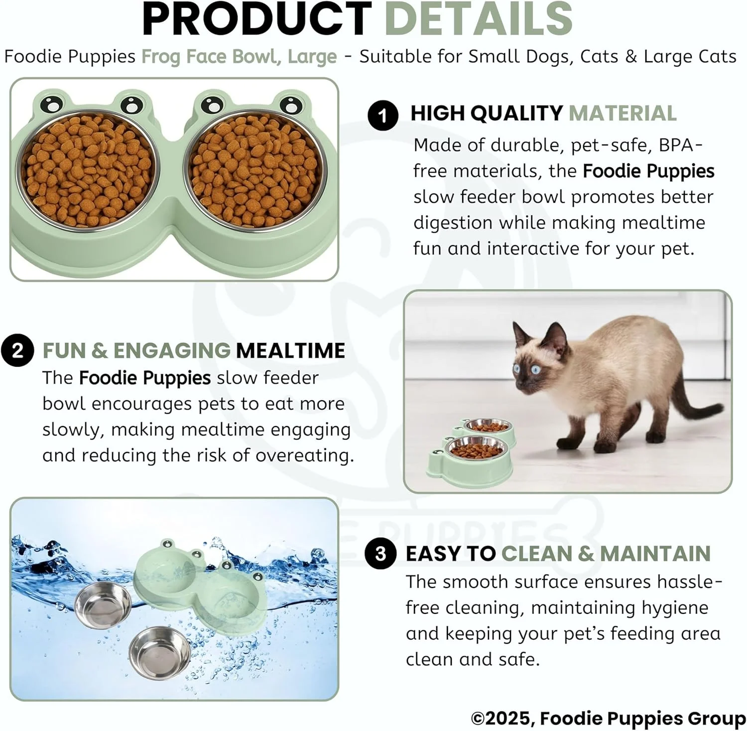 ظرف دوتایی استیل ضد زنگ ممتاز طرح قورباغه Foodie Puppies (بزرگ) برای سگ و گربه | لوازم غذا و آب، ظرف غذای خشک و مرطوب، ضد لغزش، غیر سمی 800 میلی لیتر