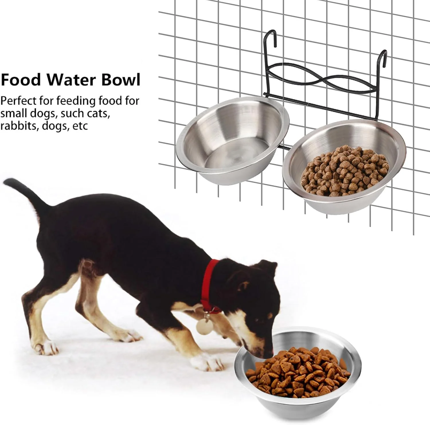 ظروف آویز حیوانات خانگی، ظروف استیل غذا و آب، ظرف غذای جداشدنی قفس سگ، ظروف غذاخوری و نوشیدنی آویز با قلاب