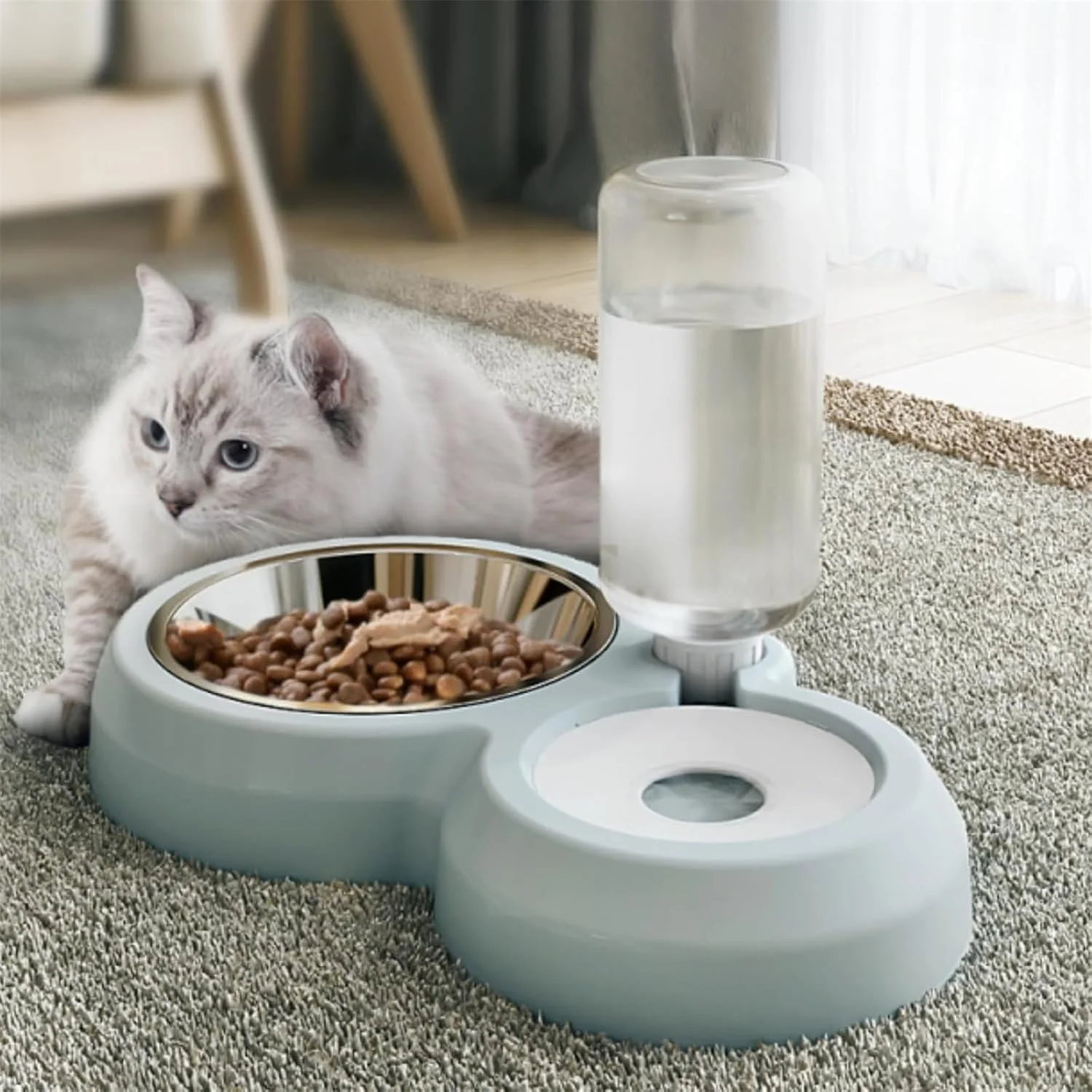 ظروف دوتایی سگ و گربه هالامودو، ست کاسه آب و غذا با کاسه استیل ضد زنگ جداشدنی، بطری آب پخش کن اتوماتیک، ظرف غذای حیوانات خانگی برای سگ و گربه های کوچک و متوسط (آبی)