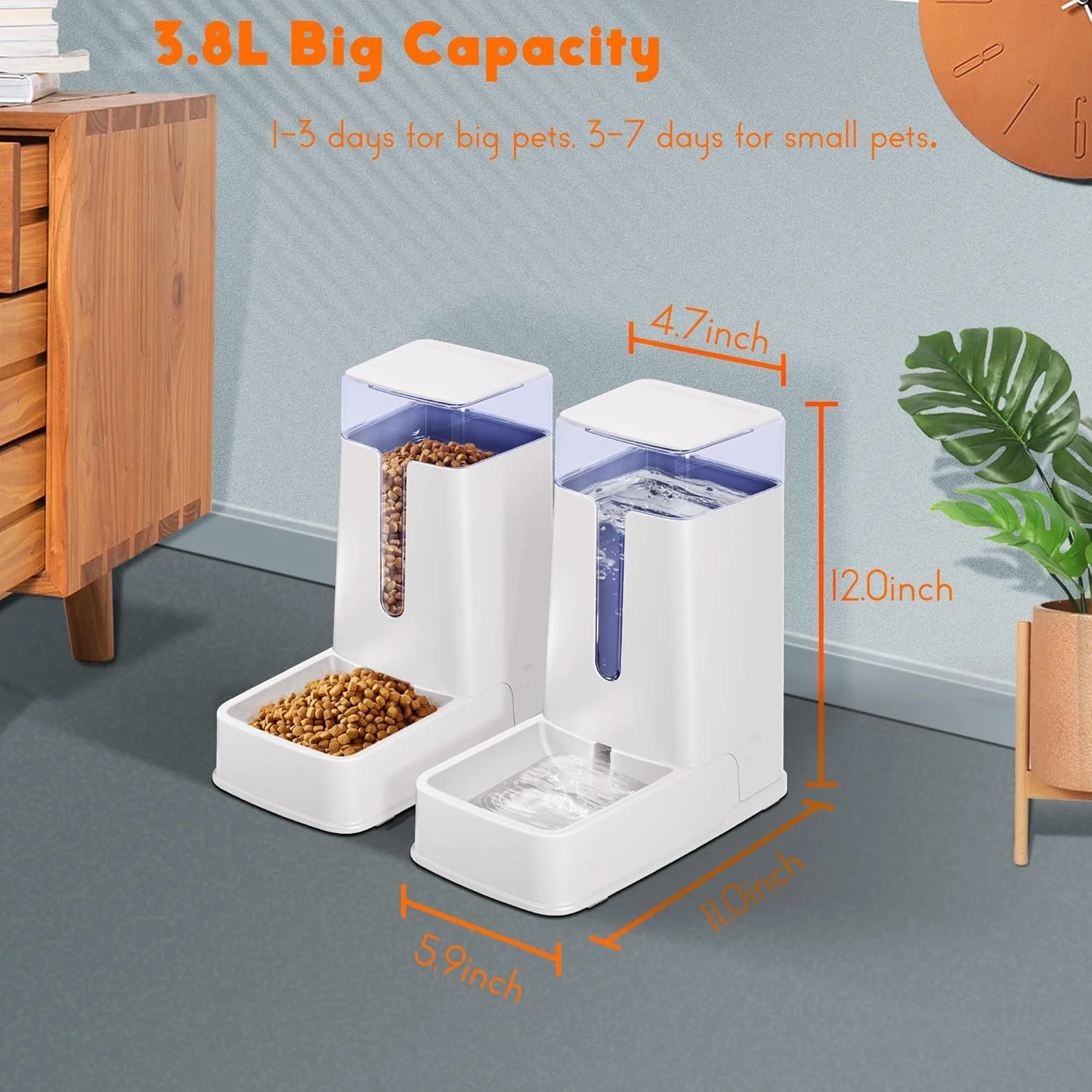 مجموعه دو عددی ظرف غذای اتوماتیک گربه و آبخوری گربه، ظرف غذای اتوماتیک سگ و آبخوری سگ با ظرفیت 3.8 لیتر مناسب برای سگ های کوچک، متوسط و بزرگ، توله سگ و بچه گربه (سفید)