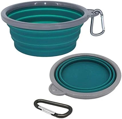 بسته 2 عددی کاسه تاشو سیلیکونی سگ Kolice، 350 میلی لیتر، ظرف غذای تاشو مسافرتی سگ با لبه پلاستیکی و حلقه D، کاسه سگ پایه قابل حمل، لوازم تغذیه تاشو حیوانات خانگی (سبز)