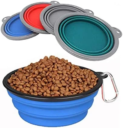 بسته 2 عددی کاسه تاشو سیلیکونی سگ Kolice، 350 میلی لیتر، ظرف غذای تاشو مسافرتی سگ با لبه پلاستیکی و حلقه D، کاسه سگ پایه قابل حمل، لوازم تغذیه تاشو حیوانات خانگی (سبز)