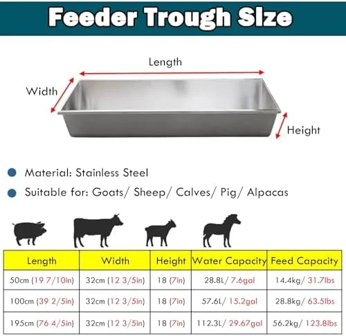 آبخوری و خوراک دام، طول 195 سانتی متر، مناسب برای خوراک دادن به اسب، گوساله، گاو و خوک، جنس استیل ضد زنگ