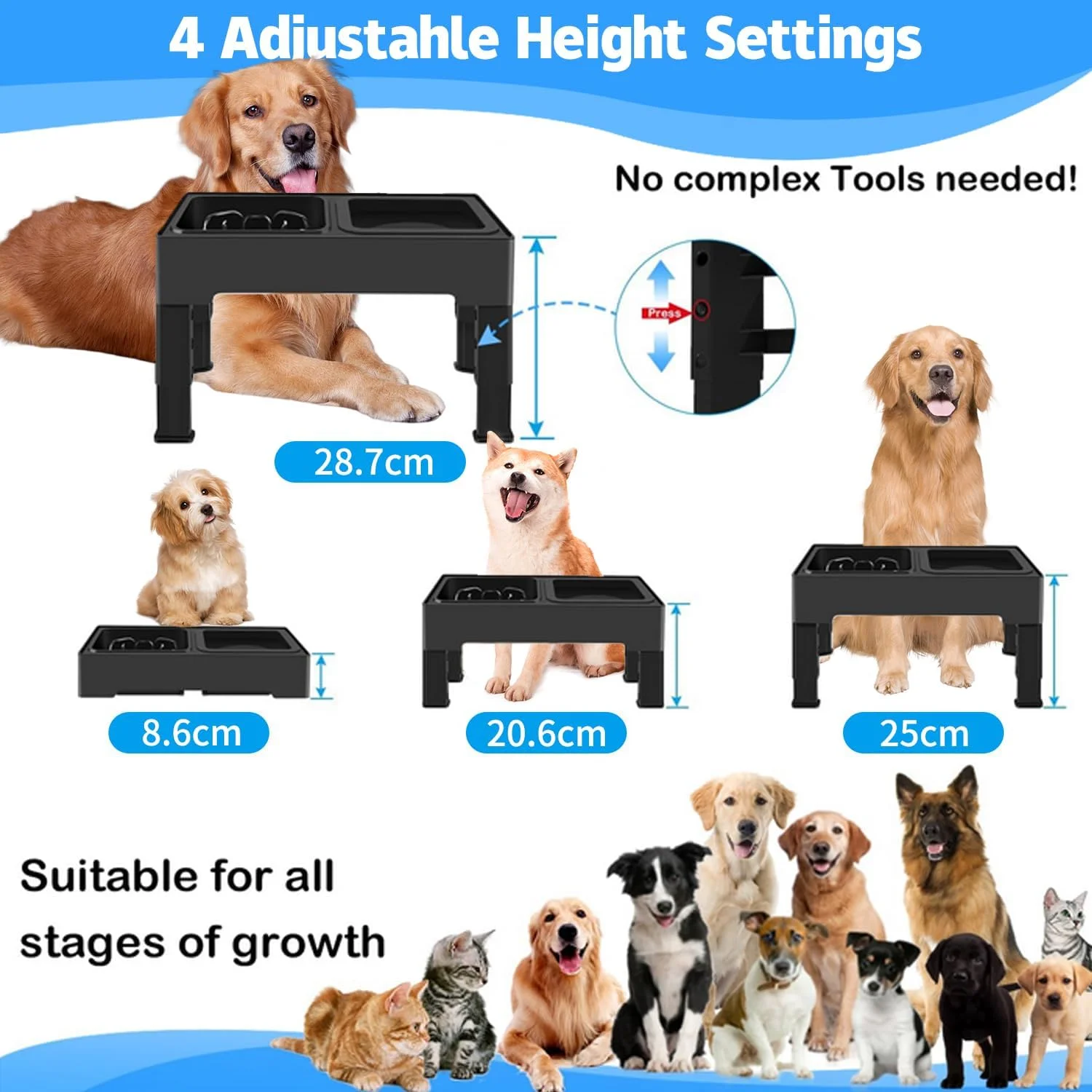 ظرف غذای سگ مرتفع دو در یک با ظرف آب بدون ریزش. ظرف سگ مرتفع با قابلیت تنظیم ارتفاع در 4 سایز. ظرف های آب و غذای سگ ضد لغزش با پایه برای سگ های کوچک، متوسط، بزرگ، گربه ها و حیوانات خانگی ظرف غذای سگ مرتفع دو در یک با ظرف آب بدون ریزش. ظرف سگ مرتفع با قابلیت تنظیم ارتفاع در 4 سایز. ظرف های آب و غذای سگ ضد لغزش با پایه برای سگ های کوچک، متوسط، بزرگ، گربه ها و حیوانات خانگی