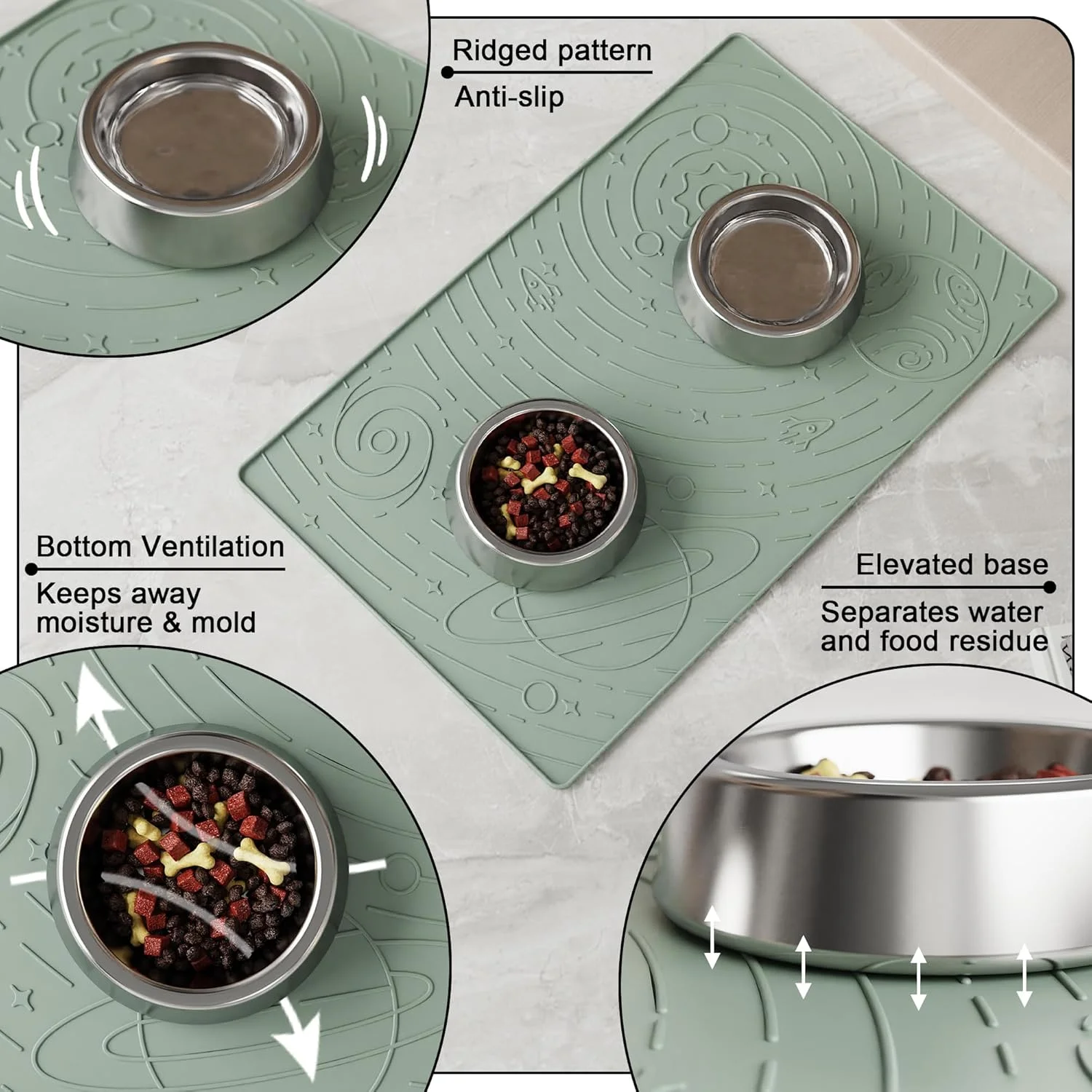 زیرانداز غذای سگ OHMO، زیرانداز سیلیکونی ضد آب غذای گربه، زیرانداز تغذیه حیوانات خانگی ضد لغزش و ضد ریزش برای غذا و آب، تمیز کردن آسان (سبز مریم گلی، 60x40 سانتی متر)