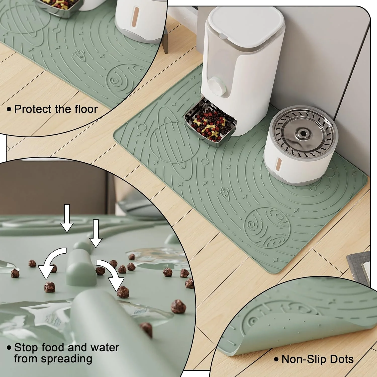 زیرانداز غذای سگ OHMO، زیرانداز سیلیکونی ضد آب غذای گربه، زیرانداز تغذیه حیوانات خانگی ضد لغزش و ضد ریزش برای غذا و آب، تمیز کردن آسان (سبز مریم گلی، 60x40 سانتی متر)