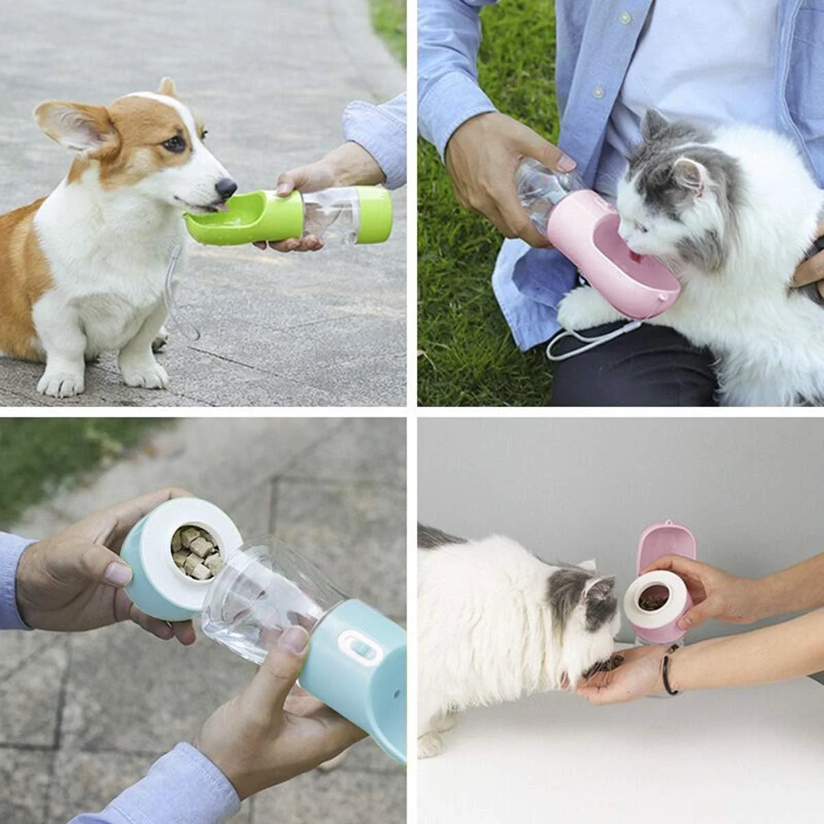 بطری آب و غذای مسافرتی سگ و گربه، بطری نوشیدنی قابل حمل حیوانات خانگی در فضای باز، لوازم آب دهی و تغذیه چند منظوره حیوانات خانگی، بطری آب و غذای توله سگ 2 در 1 برای پیاده روی و کوهنوردی