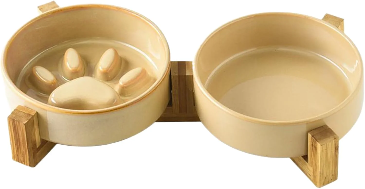 کاسه غذای آهسته سگ توله سگ، ست کاسه سرامیکی پنجه ای زیبا برای غذای آهسته و آب - لوازم حیوانات خانگی برای تغذیه گربه، لوازم آبیاری، خانه، حیاط، باغ