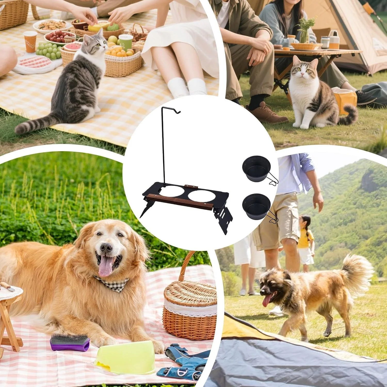 پایه کاسه سگ مرتفع | پایه کاسه فلزی قابل حمل سگ با قفسه چراغ - ظروف گربه برای کمپینگ، کوهنوردی، مسافرت، استفاده در فضای باز و داخل خانه