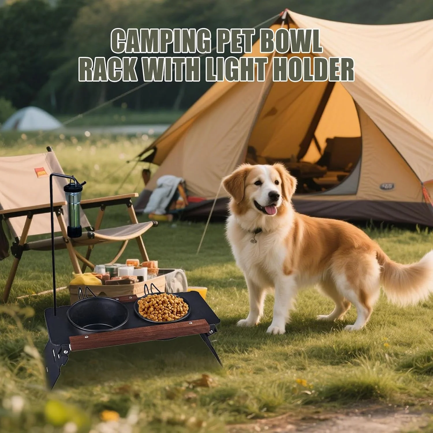 پایه کاسه سگ مرتفع | پایه کاسه فلزی قابل حمل سگ با قفسه چراغ - ظروف گربه برای کمپینگ، کوهنوردی، مسافرت، استفاده در فضای باز و داخل خانه