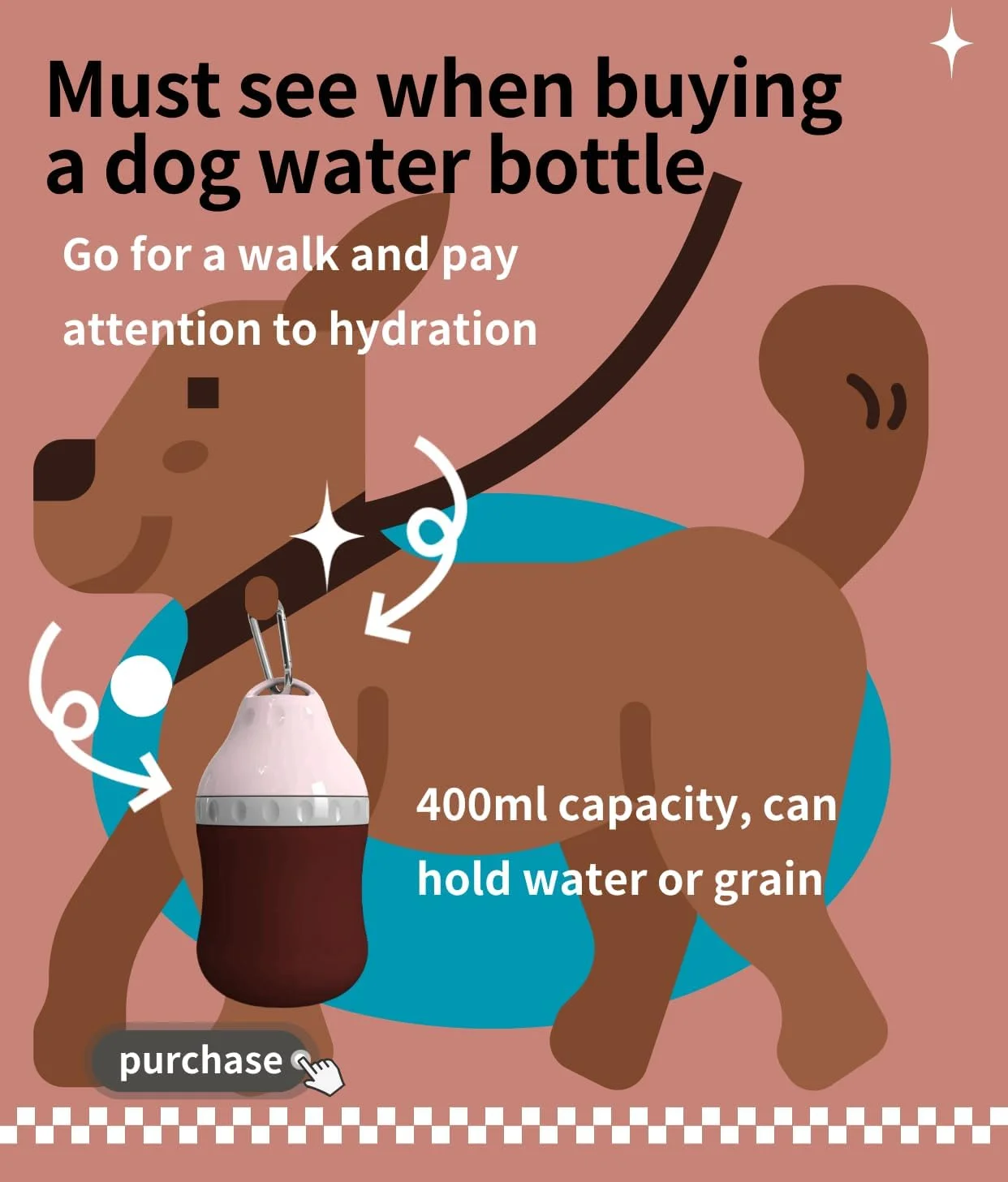 بطری آب سگ، قطره آب حیوانات خانگی قابل حمل سیلیکونی، فنجان غذا، مناسب فضای باز، کمپینگ، مسافرت، ظرفیت 400 میلی لیتر (پودر هلویی)