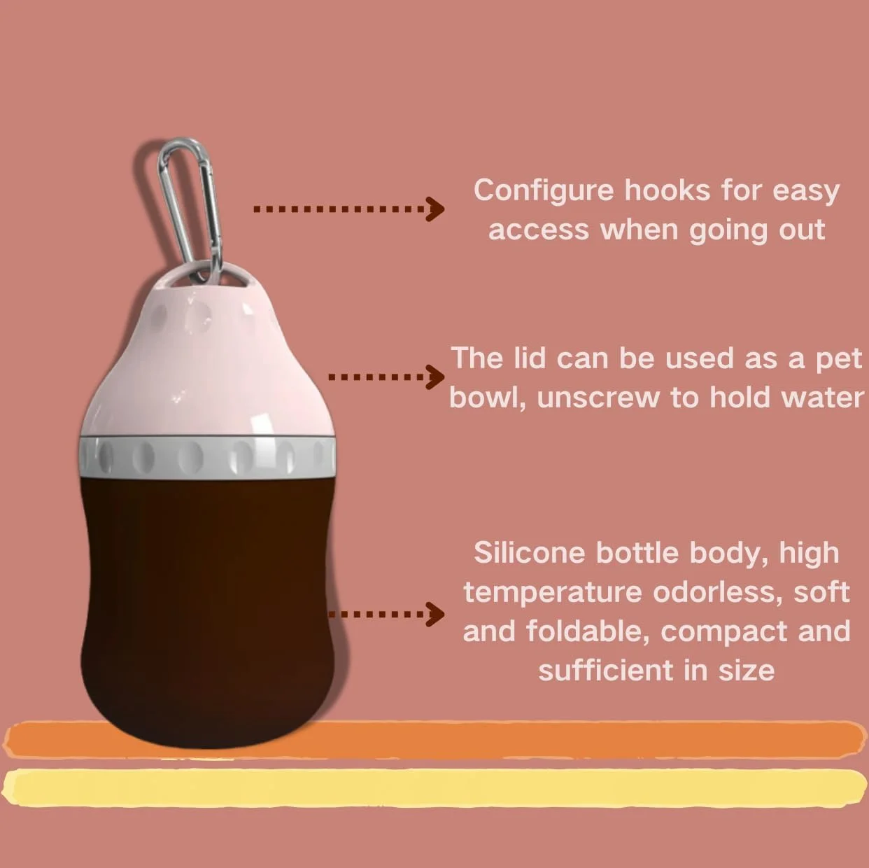 بطری آب سگ، قطره آب حیوانات خانگی قابل حمل سیلیکونی، فنجان غذا، مناسب فضای باز، کمپینگ، مسافرت، ظرفیت 400 میلی لیتر (پودر هلویی)