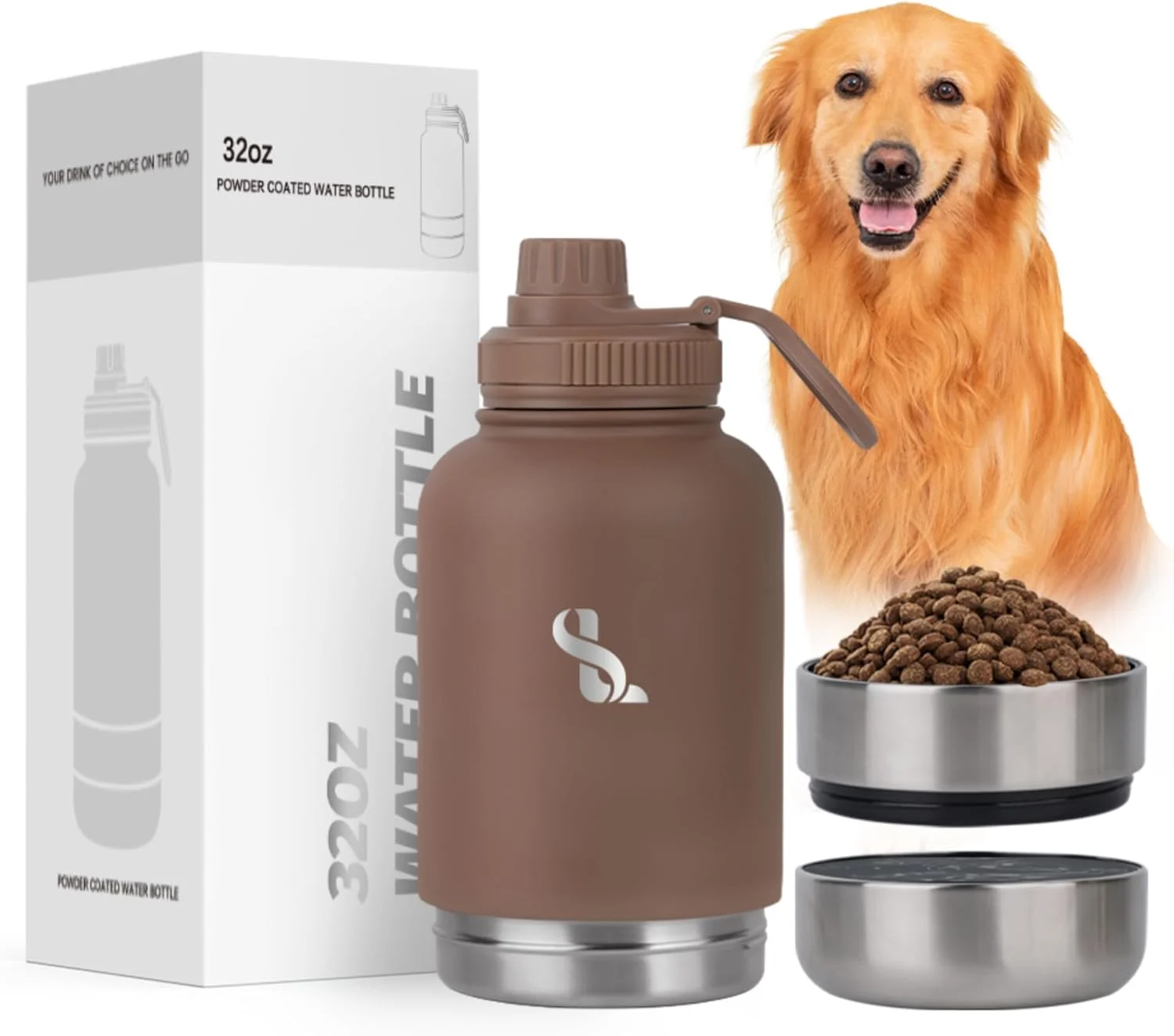بطری آب حیوانات خانگی (1 لیتر) با 2 کاسه برای آب و غذای حیوانات | بطری مسافرتی استیل ضد زنگ عایق بندی شده همه کاره برای تشویقی سگ و غذای گربه | ضد نشت | لوازم جانبی حیوانات خانگی (قهوه ای موکا)