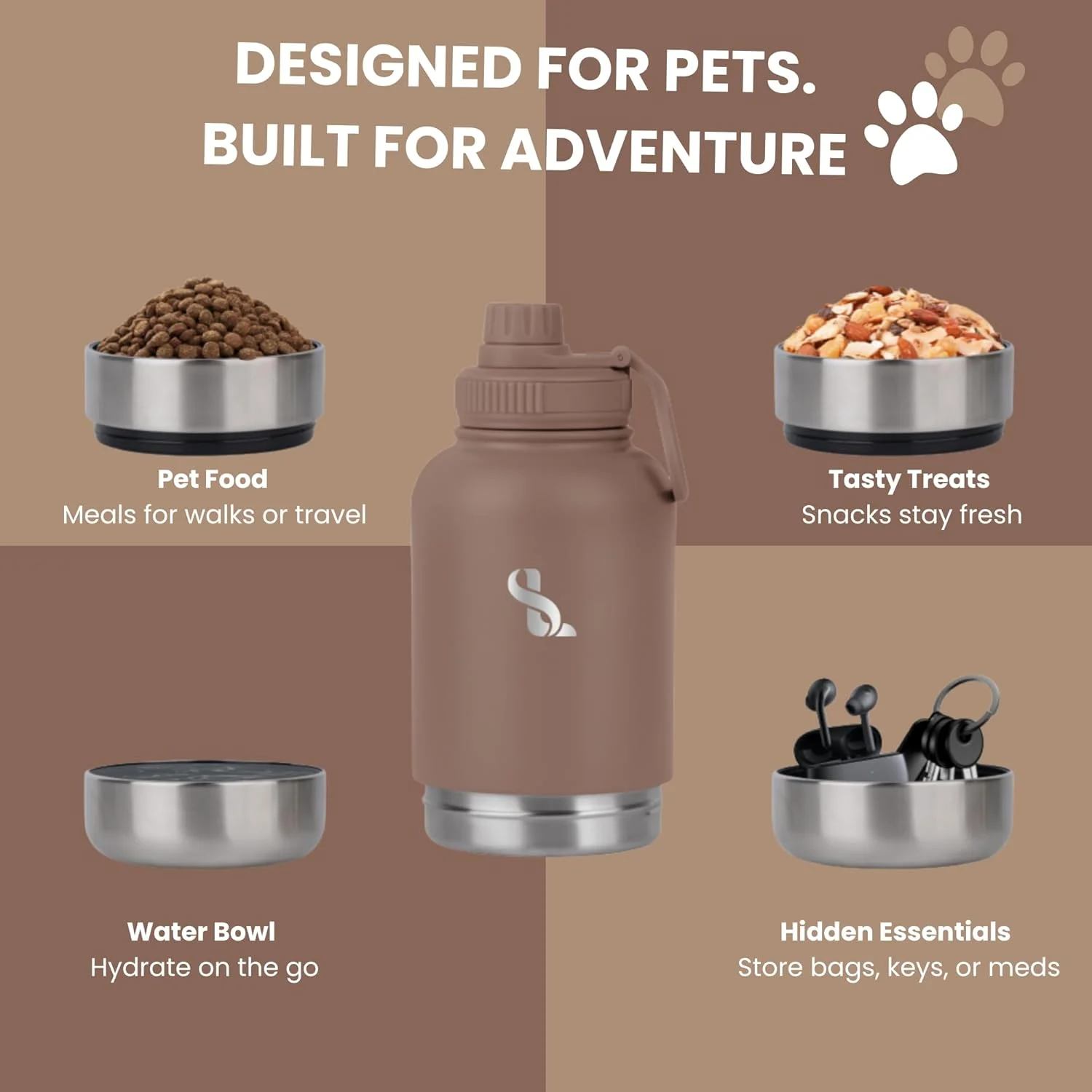 بطری آب حیوانات خانگی (1 لیتر) با 2 کاسه برای آب و غذای حیوانات | بطری مسافرتی استیل ضد زنگ عایق بندی شده همه کاره برای تشویقی سگ و غذای گربه | ضد نشت | لوازم جانبی حیوانات خانگی (قهوه ای موکا) بطری آب حیوانات خانگی (1 لیتر) با 2 کاسه برای آب و غذای حیوانات | بطری مسافرتی استیل ضد زنگ عایق بندی شده همه کاره برای تشویقی سگ و غذای گربه | ضد نشت | لوازم جانبی حیوانات خانگی (قهوه ای موکا)