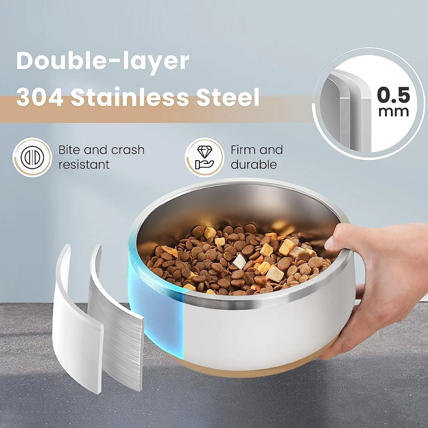 کاسه سگ تریفی 1 لیتری، کاسه آب و غذای حیوانات خانگی استیل ضد زنگ با پایه لاستیکی ضد لغزش، عایق دو جداره، بادوام، قابل شستشو در ماشین ظرفشویی برای سگ ها و گربه های کوچک، متوسط و بزرگ، سفید
