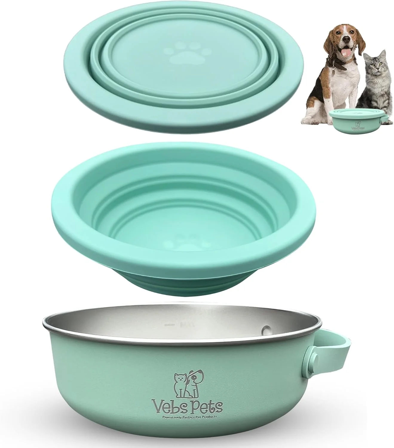 کاسه سگ استیل ضد زنگ 850 گرمی با درب کاسه تاشو 560 گرمی با دسته، ضد نشت، ضد لغزش، کاسه غذای حیوانات خانگی برای سگ و گربه، سگ های متوسط، کاسه مسافرتی قابل حمل (یشمی)