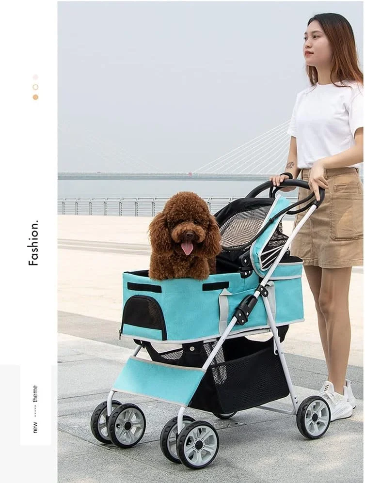 کالسکه تاشو حیوانات خانگی برای گربه ها و سگ ها، کالسکه مسافرتی قابل حمل برای حیوانات خانگی، کالسکه چند منظوره حمل حیوانات خانگی (رنگ: آبی)