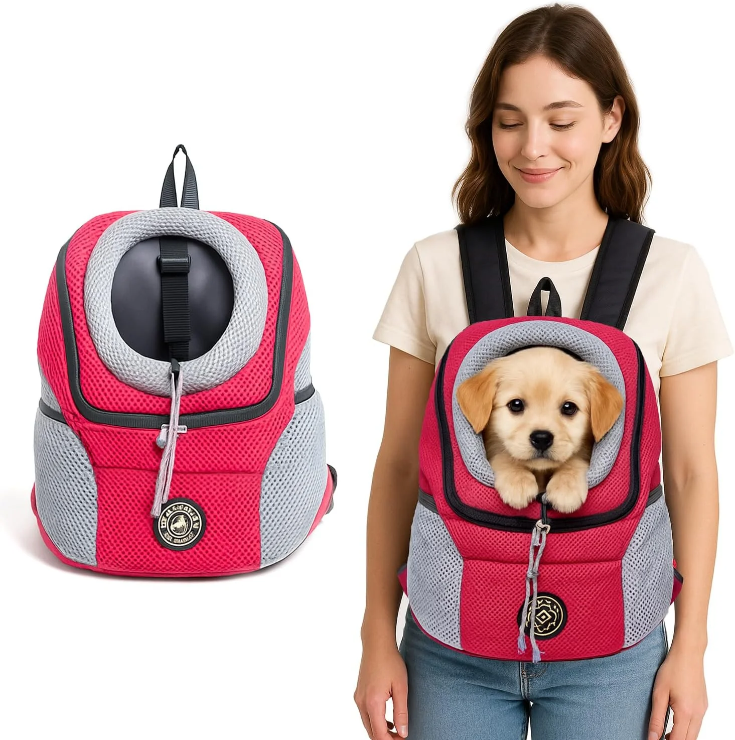 کیف کوله پشتی حمل حیوانات خانگی AMERTEER، کیف حمل سگ رو به جلو، کوله پشتی سینه ای توله سگ بدون دست با توری تنفسی، بند های قابل تنظیم و قفل ایمنی برای مسافرت، پیاده روی، ماجراجویی در فضای باز، دوچرخه سواری