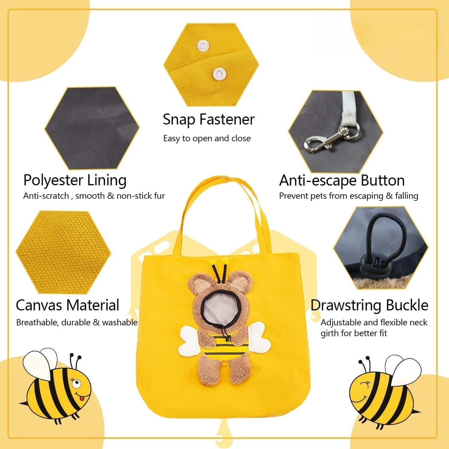 کیف حمل شانه ای حیوانات خانگی Azonee - کیف حمل گربه ای بومى طرح زنبور بامزه، کیف دستی قابل حمل برای سگ ها و گربه های کوچک، زرد سایز XL