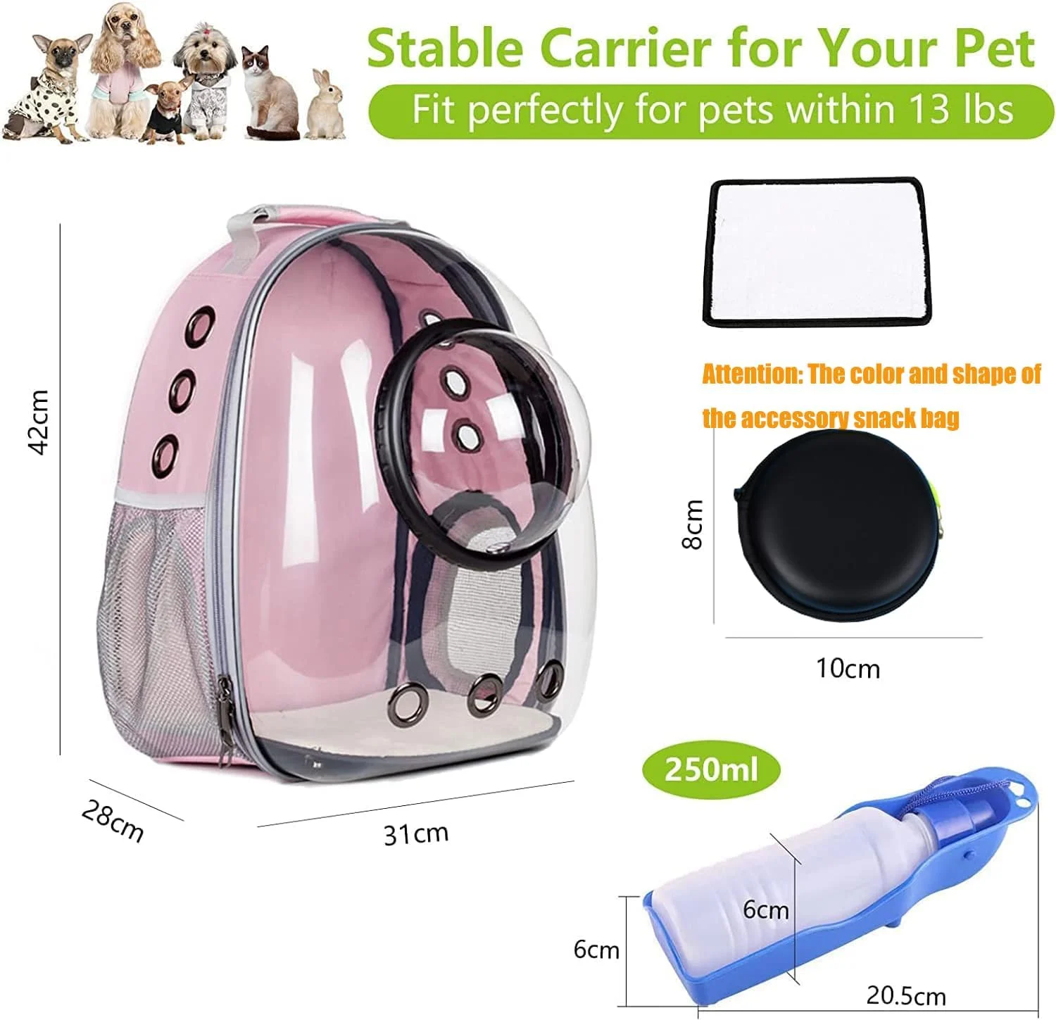 کیف کوله پشتی گربه، کوله پشتی حبابی حیوانات خانگی، کیف حمل حیوانات خانگی با پوشش فضایی، ضد آب شفاف و قابل تنفس، مناسب برای مسافرت، پیاده روی، قدم زدن و استفاده در فضای باز (صورتی)