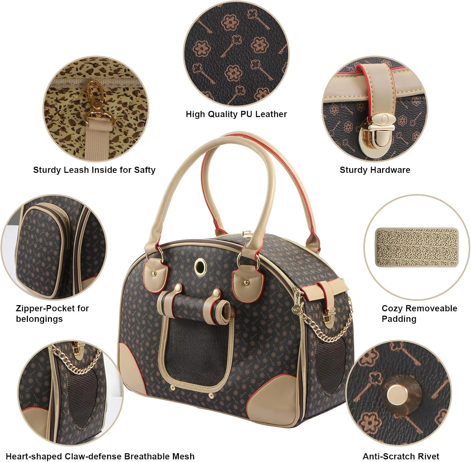 کیف دستی حمل سگ چرمی PU شیک، کیف حمل گربه، کیف پیاده روی حیوانات خانگی، قهوه ای، بزرگ