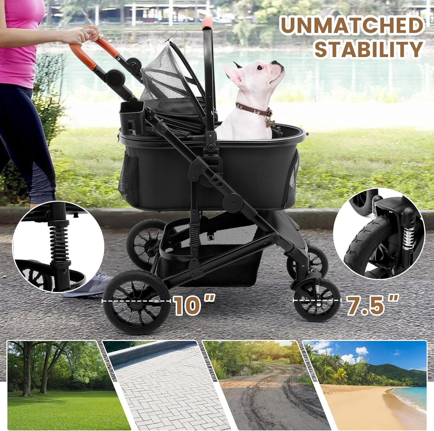 کالسکه حیوانات خانگی با 4 چرخ، حمل کننده تاشو برای سگ و گربه های کوچک/متوسط تا وزن 22 کیلوگرم، کیف قابل حمل جداشدنی، سبد ذخیره سازی، صندلی ماشین 3 در 1 چند منظوره (مشکی)