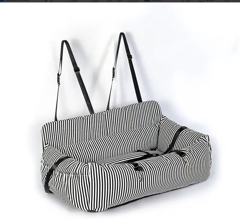 صندلی تقویت کننده خودرو برای سگ خانگی، صندلی حیوانات خانگی کنسول وسط، کیف تخت مسافرتی برای سگ گربه یا سایر حیوانات خانگی کوچک، حامل تاشو قابل حمل با کمربند ایمنی قابل جابجایی و تنظیم (راه راه سیاه و سفید، بزرگ)