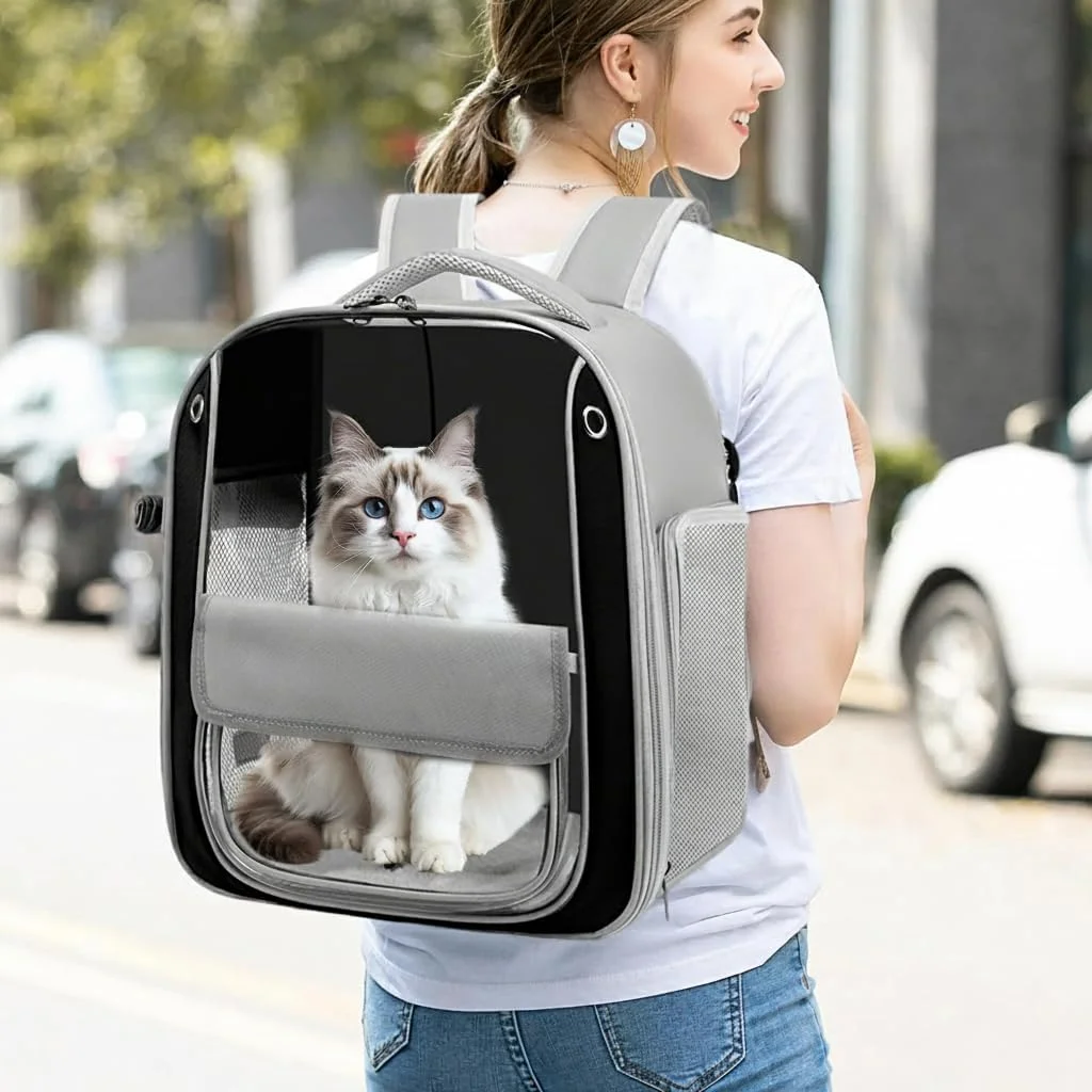 کیف کوله پشتی حمل گربه تنفسی، کیف حمل گربه برای گربه کوچک و متوسط، کوله پشتی سگ، کیف حمل جلویی برای مسافرت، پیاده روی، کمپینگ 39 x 33 x 25 سانتی متر