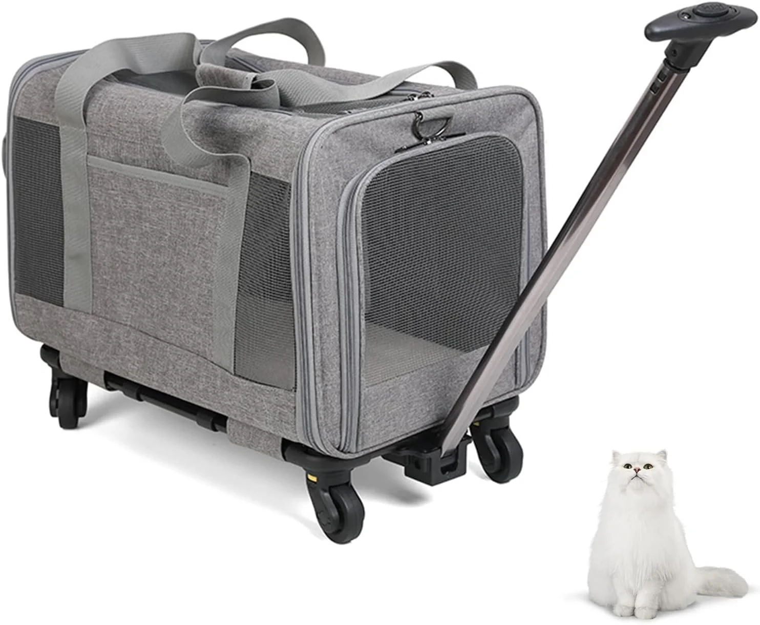 کیف حمل گربه، کیف حمل سگ با چرخ تایید شده برای هواپیما، کیف حمل حیوانات خانگی با دسته تلسکوپی، تاشو آسان برای گربه ها و سگ های کوچک