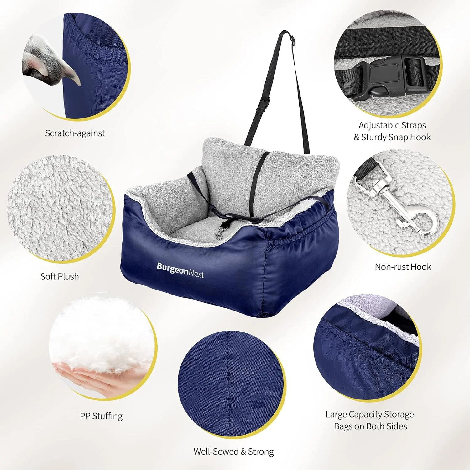صندلی ماشین سگ BurgeonNest برای سگ های کوچک، صندلی تقویت کننده سگ قابل جدا شدن و شستشو، با جیب های ذخیره سازی و بند قلاب دار، تخت حمل مسافرتی نرم و قابل حمل سگ