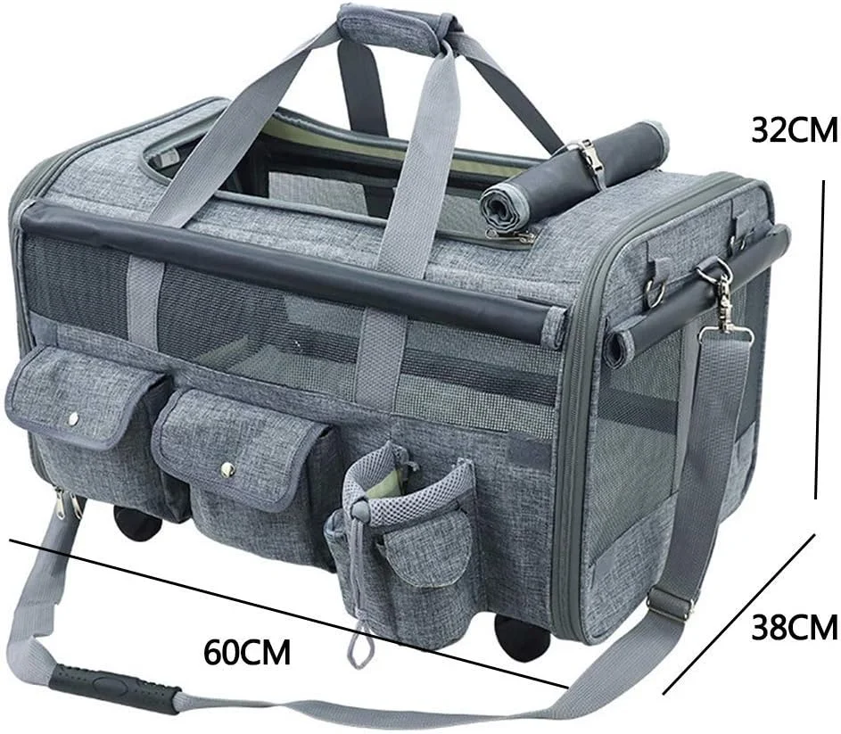 کیف حمل حیوانات خانگی با ظرفیت بزرگ و چرخ‌های جداشدنی - نرم، مناسب هواپیما برای حمل سگ و گربه کوچک با پنجره‌های تهویه توری و قلاب بند ایمنی (L)