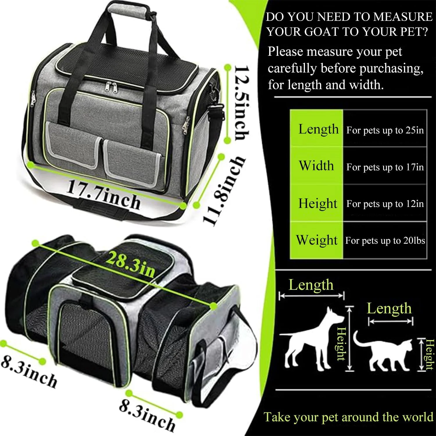 کیف حمل سگ و گربه، کیف تاشو قابل حمل حیوانات خانگی، کیف حمل تنفسی حیوانات خانگی، حداکثر بار 10 کیلوگرم، مناسب برای سفر هوایی (خاکستری)