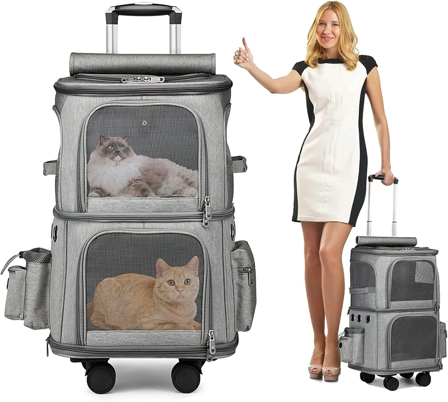 کیف حمل حیوانات خانگی SKADE، کیف حمل سگ و گربه چرخ دار قابل حمل، دارای 2 محفظه، کیف مسافرتی حیوانات خانگی با چرخ و میله تلسکوپی برای مسافرت، پیاده روی و کمپینگ