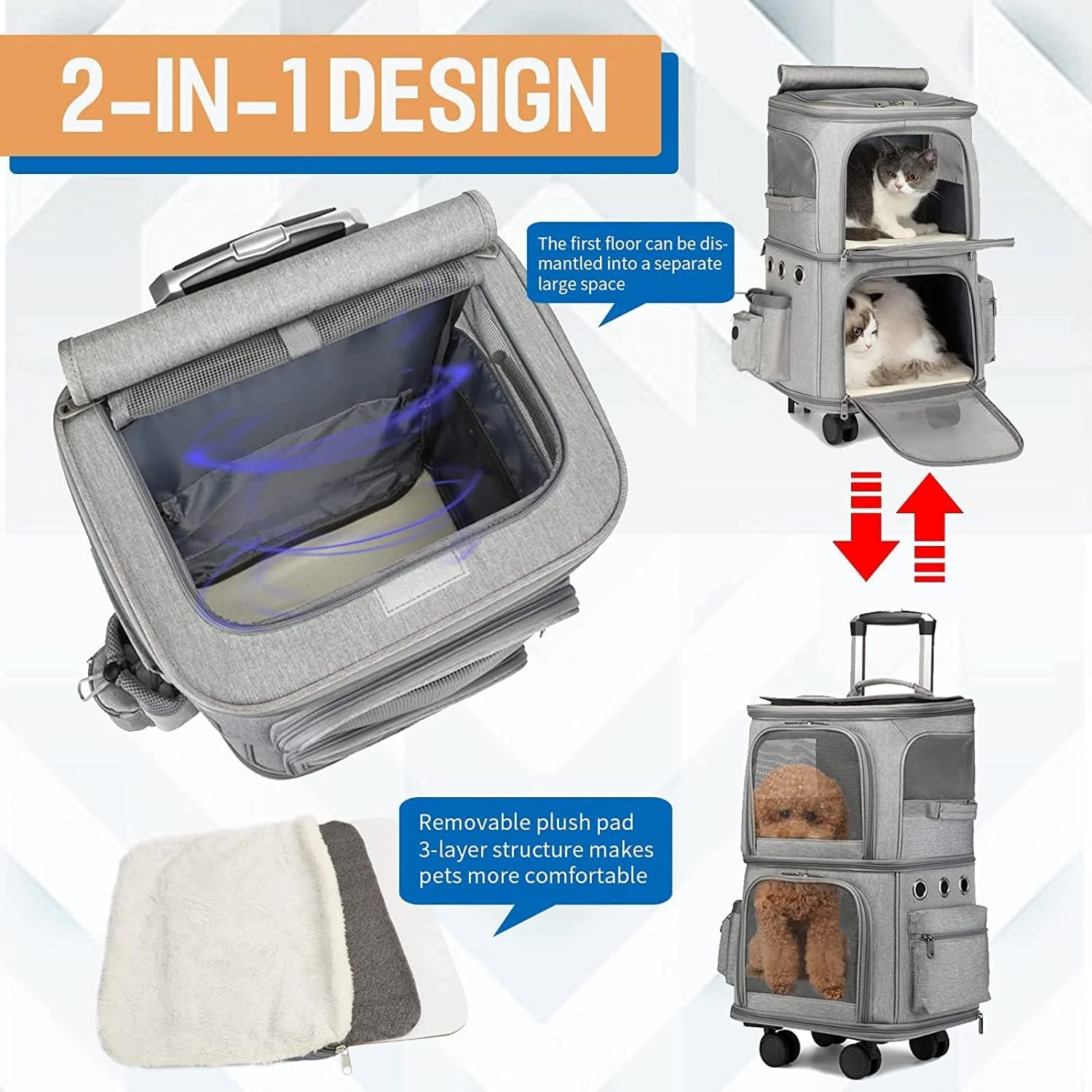 کیف حمل حیوانات خانگی SKADE، کیف حمل سگ و گربه چرخ دار قابل حمل، دارای 2 محفظه، کیف مسافرتی حیوانات خانگی با چرخ و میله تلسکوپی برای مسافرت، پیاده روی و کمپینگ