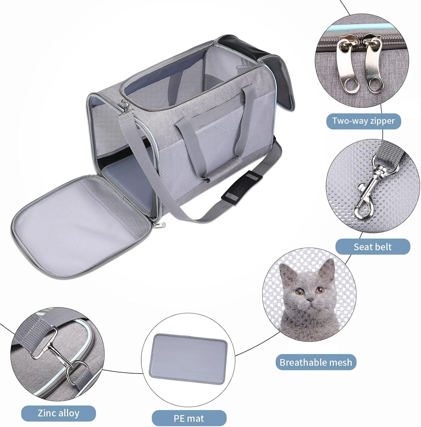 کیف حمل گربه و سگ، کیف حمل حیوانات خانگی تاشو با دیواره نرم برای گربه ها، سگ ها، توله سگ ها و خرگوش های کوچک و متوسط با وزن کمتر از 5 کیلوگرم، خاکستری
