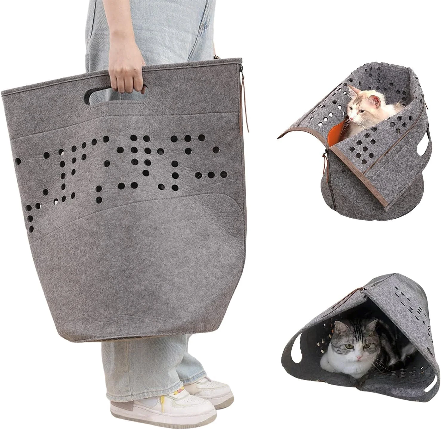 کیف حمل گربه، تونل تخت خواب با کوسن، کیف دستی نرم و تاشو قابل حمل حیوانات خانگی، روکش برزنتی، خاکستری، کیف حمل مسافرتی 3 در 1 حیوانات خانگی، 50x33x33 سانتی متر، برای گربه ها تا وزن 7 کیلوگرم و سگ ها تا وزن 4.5 کیلوگرم (تاشو)